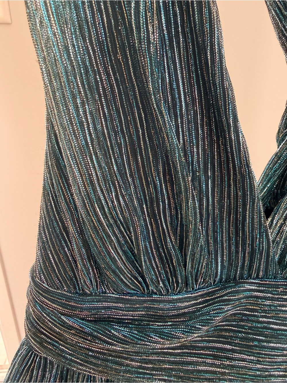 Lulu's Shimmery Teal Plunge Halter Dress - Picture 6 of 6